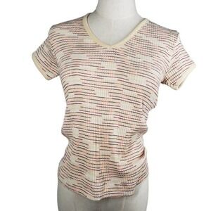 Vintage Miss K Ribbed V-Neck Tee S M Stretch Knit Stripe Beige‎ Top